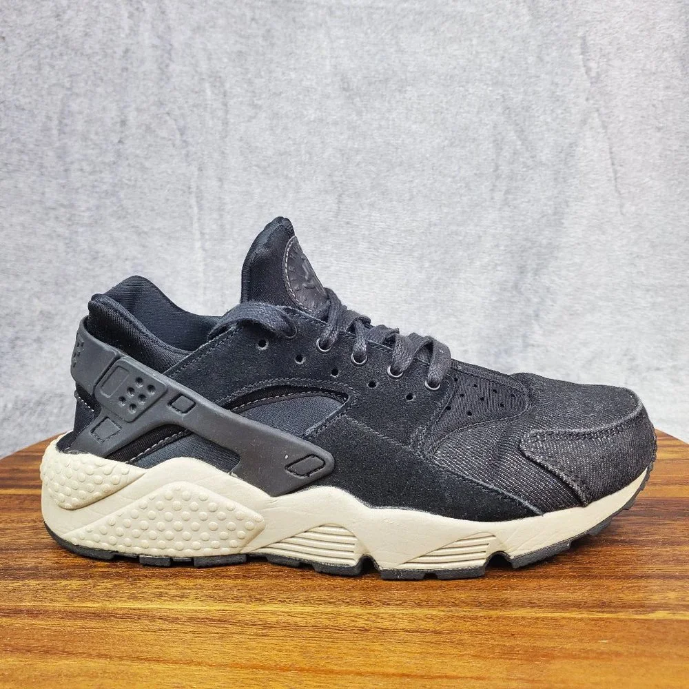 Nike Air Huarache Run SE Shoes Women's 8 Black Gray Suede Denim Lace Up Sneakers